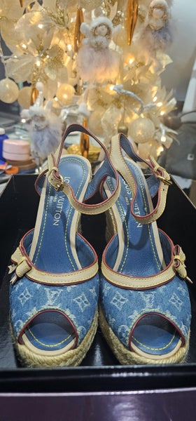 LOUIS VUITTON MONOGRAM DENIM & LEATHER WEDGES 3864764466333443110
