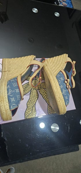LOUIS VUITTON MONOGRAM DENIM & LEATHER WEDGES 3864764466333443113