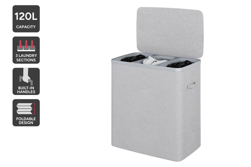Ovela 120L Laundry Separation Basket with Lid - 3 Sections (Light Grey) Carousel 1