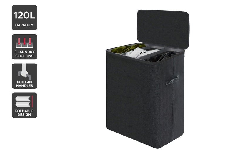 Ovela 120L Laundry Separation Basket with Lid - 3 Sections (Dark Grey) Carousel 1