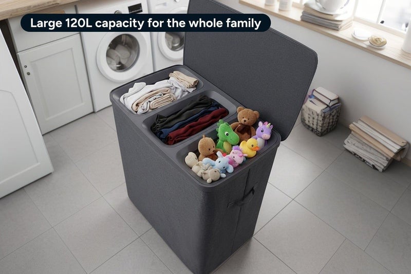 Ovela 120L Laundry Separation Basket with Lid - 3 Sections (Dark Grey) Carousel 2