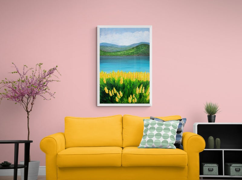 Stunning Mountain Landscape Acrylic Painting - River & Yellow Flowers 76x51cm Carousel 1