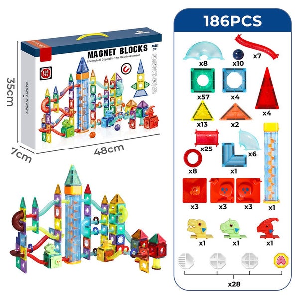 Kids 185Pcs Magnetic Tiles Blocks Dinosaur STEM Building Toy Children Gift Play Carousel 2