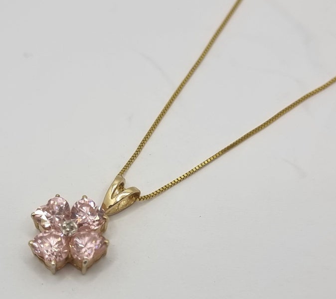 9CT YG CHAIN WITH PINK STONE FLOWER PENDANT #B21125633-15 Carousel 1