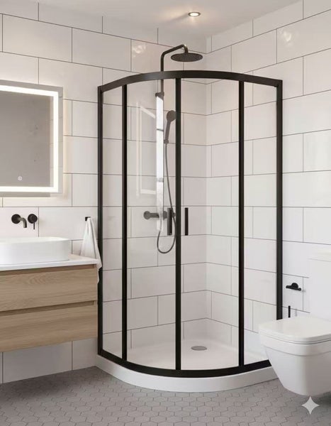 ZENITH ROUND FRONT SHOWER GLASS - twin sliding doors - Black Frame Carousel 2