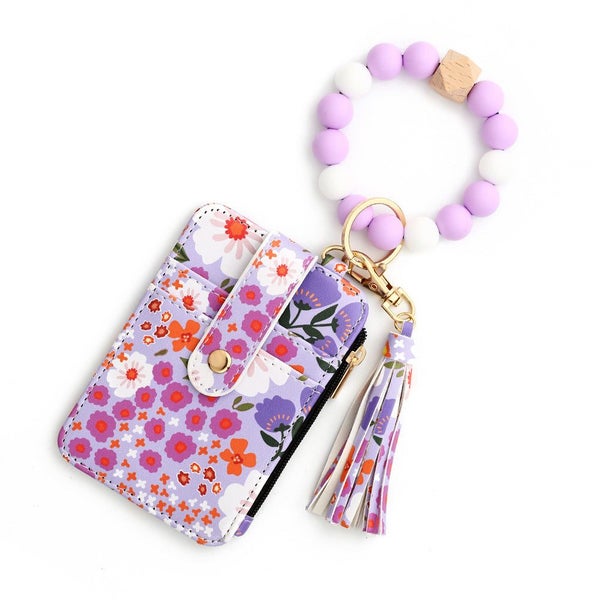 Elosung Floral Slim Card Holder Wallet With Beaded Keychain Bracelet & Tassel 4 Carousel 1