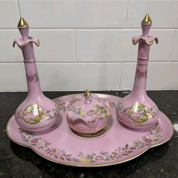 Thee most EXQUISITE Antique blush Pink and Gold Perfume and Dresser Tray Set Carousel 2