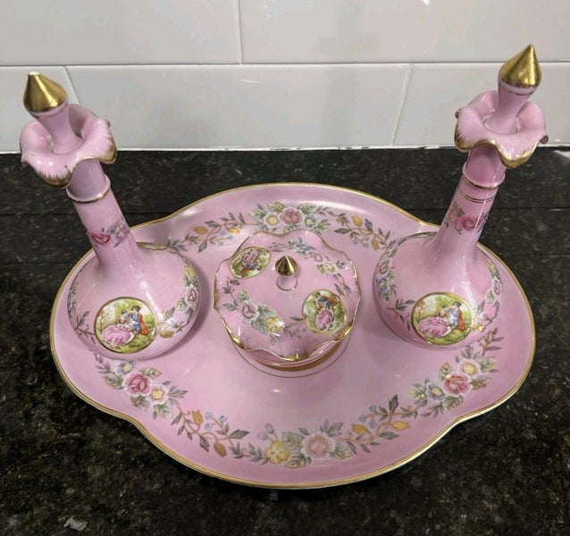 Thee most EXQUISITE Antique blush Pink and Gold Perfume and Dresser Tray Set Carousel 1