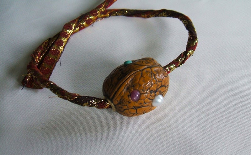 JEWELLERS MUSEUM CARVED NUT WOOD OJIME BEAD SIGNED & SET WITH MANY GEMS c1850 Carousel 1