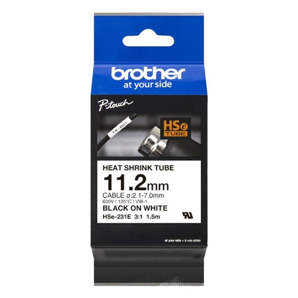 Brother HSe-231E 11.2mm Heat Shrink Tape - Black On White Carousel 1