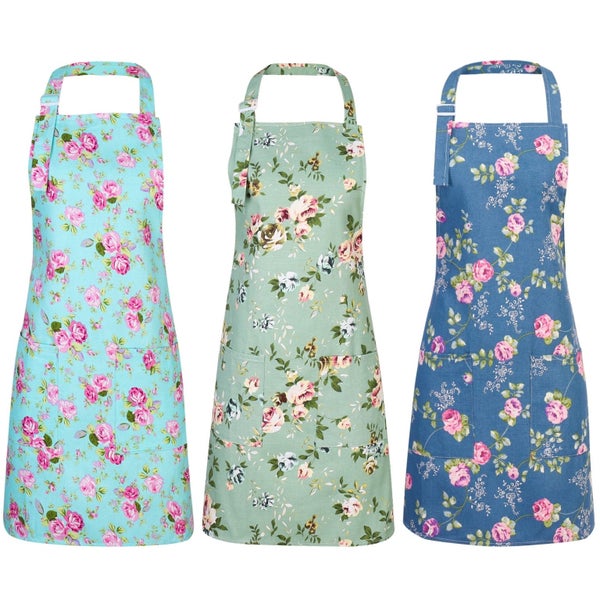 3 Pack Floral Aprons for Women with 2 Pockets,Adjustable Kitchen Aprons,Vin Carousel 1