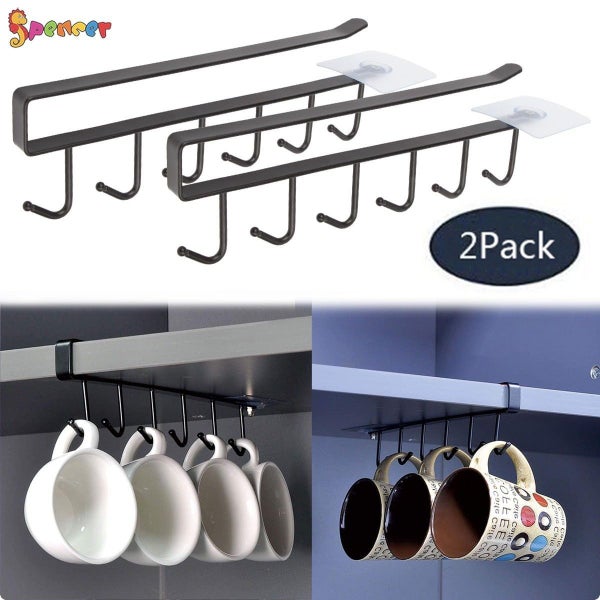 2 Pack Adhesive Cup Holder Under Cabinet - 6 Hook Coffee Cup Mug Holder for Carousel 1
