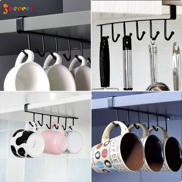 2 Pack Adhesive Cup Holder Under Cabinet - 6 Hook Coffee Cup Mug Holder for Carousel 8