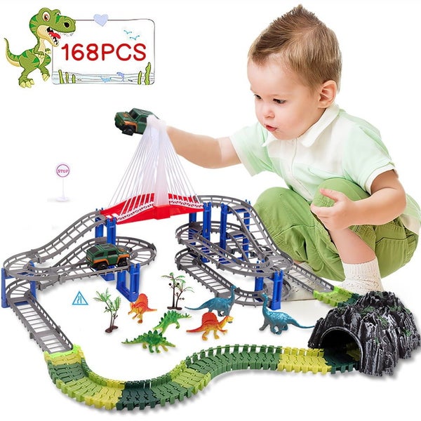 168 Pcs Dinosaur Race Car Tracks Set for Kids,Flexible Train Tracks to Crea Carousel 1