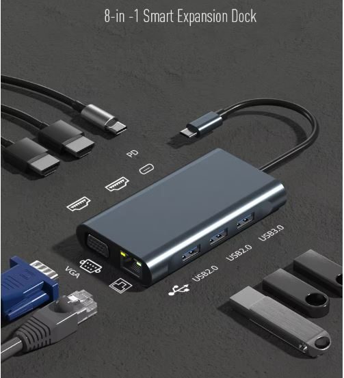 USB Hub Docking Station 8 in 1 Type-C 2*HDMI+VGA Ethernet PD 100W USB3.0 2.0 4K Carousel 1