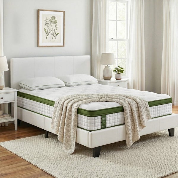 Double Bed Frame Platform White Pvc Leather Hybrid Mattress Modern Carousel 1