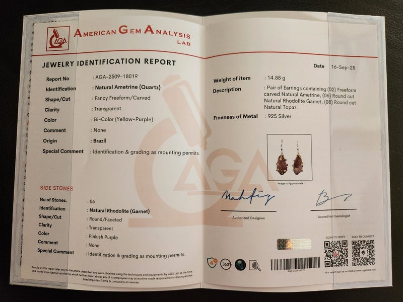 Ametrine, Rhodolite Garnet & Blue Topaz Earrings in solid 925 Silver Carousel 20