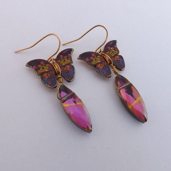 Purple Butterfly & Faceted Bead Handmade Drop Earrings (Made in NZ) Carousel 1