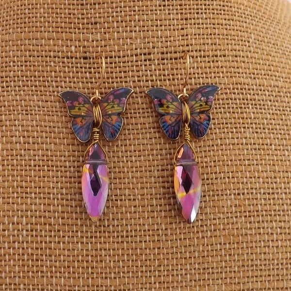 Purple Butterfly & Faceted Bead Handmade Drop Earrings (Made in NZ) Carousel 2
