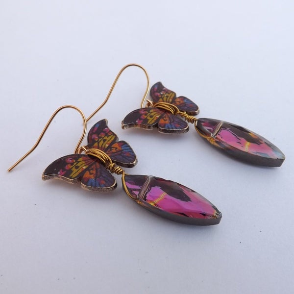 Purple Butterfly & Faceted Bead Handmade Drop Earrings (Made in NZ) Carousel 4