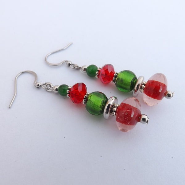 Christmas Red & Green Handmade Bead Drop Earrings (Made in NZ) Carousel 1