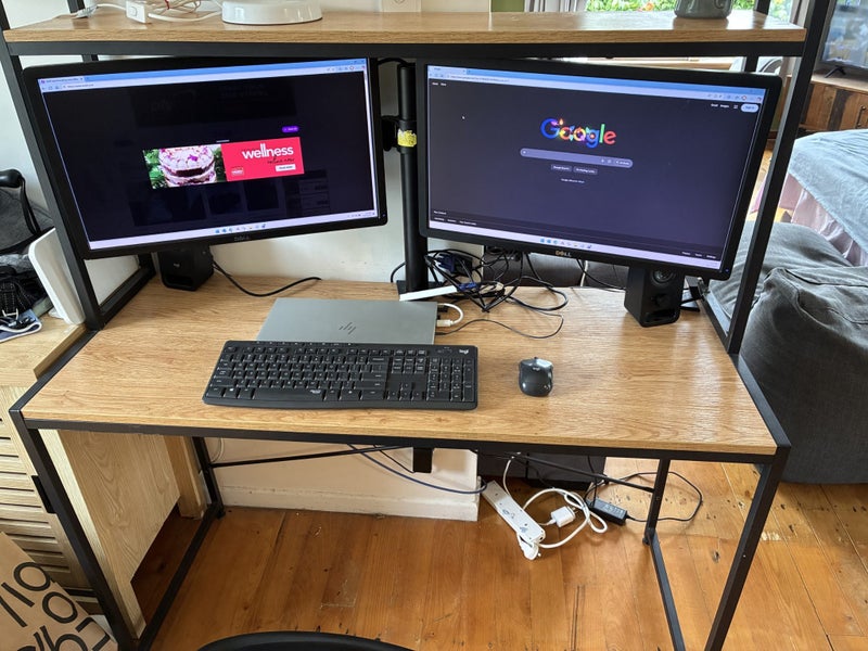 Dual screen setup, desk, keyboard and mouse Carousel 1
