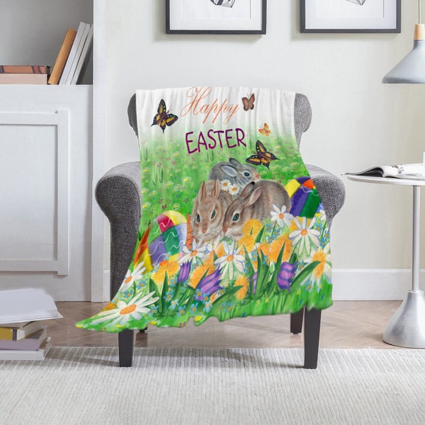 Easter Themed Flannel Sofa Blanket Cute Bunny And Colorful Eggs Pattern Sof Carousel 1