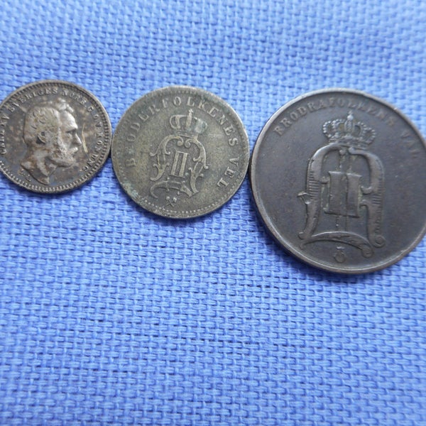 Sweden 1871 & 1876 Silver 10 Ore Coins and 1874 2 Ore . Carousel 2