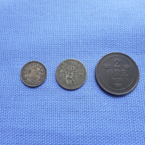 Sweden 1871 & 1876 Silver 10 Ore Coins and 1874 2 Ore . Carousel 1