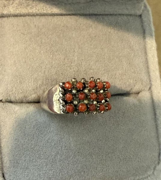 Vintage Zuni Sterling Silver Coral Cluster Ring – Signed Carousel 2