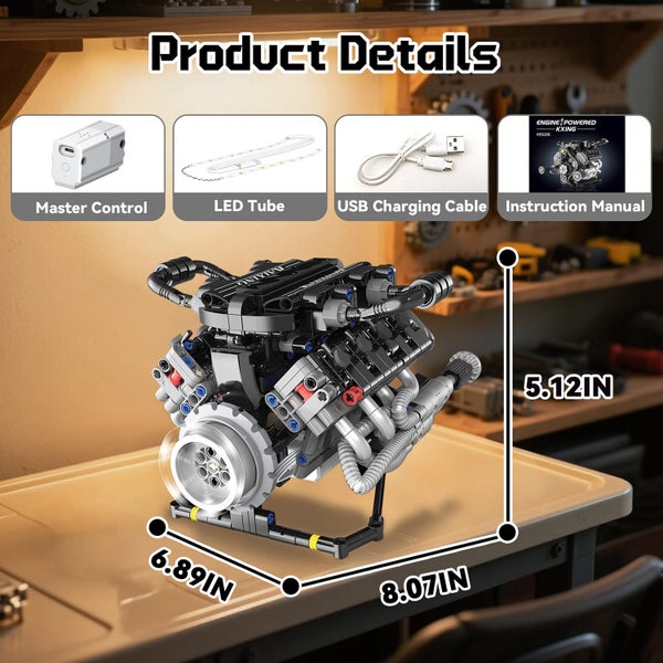 V8 Mini Engine Model Kit Working Motor App Control LED Lights Carousel 2