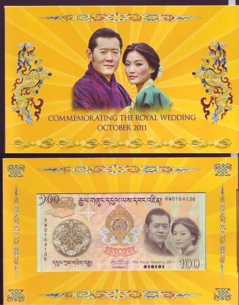 BHUTAN 2011 Royal Wedding 100 Ngultrum banknote in folder UNC Carousel 1