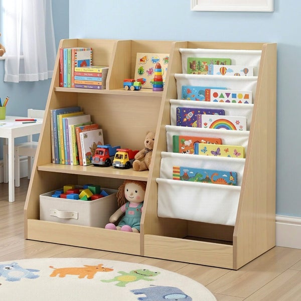 Kids Bookshelf Wood Bookcase Children Storage Rack Display Shelves Holder Carousel 8