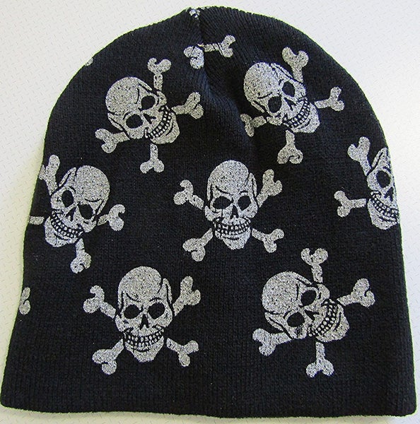 Black beanie with grey skull and crossbones design Carousel 1