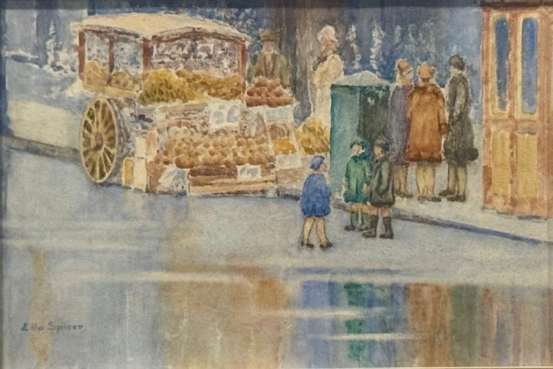 Ella Spicer (1876-1958) Watercolor ''Fruit Stall & Shoppers'' in Top Condition Carousel 2