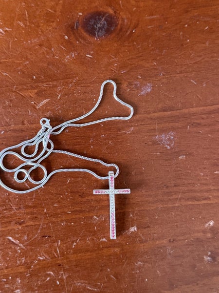 Silver Cross Necklace with Pink & Clear Cubic Zirconia – Elegant Faith Pendant Carousel 3