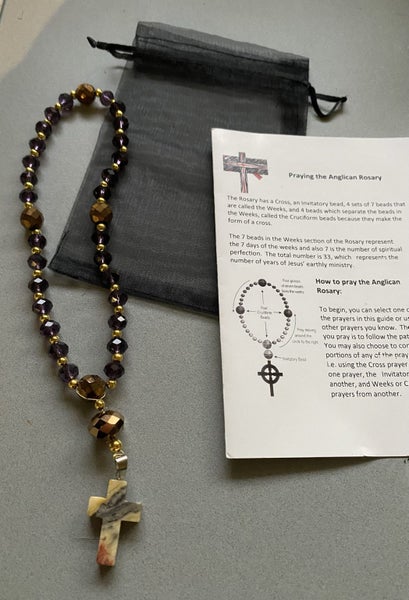ANGLICAN PRAYER BEADS/STONE CROSS, gold spacers. Carousel 1