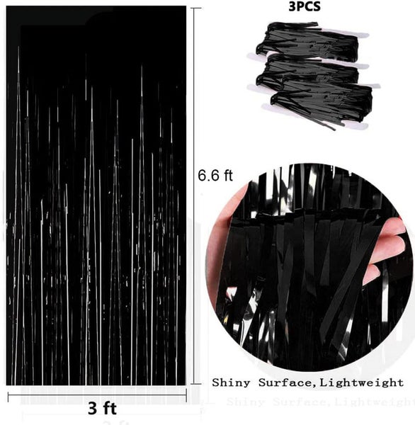 3 Pack Black Tinsel Foil Fringe Curtains Backdrop, 3.3 ft x 6.6 ft Foil Fri Carousel 2