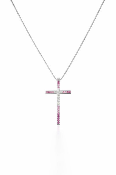 Silver Cross Necklace with Pink & Clear Cubic Zirconia – Elegant Faith Pendant Carousel 1