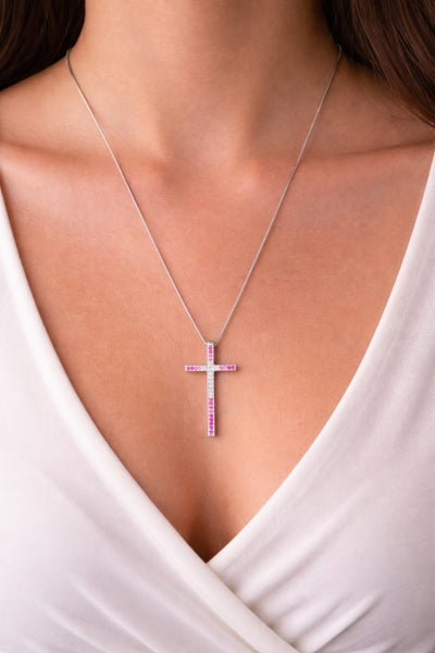 Silver Cross Necklace with Pink & Clear Cubic Zirconia – Elegant Faith Pendant Carousel 2
