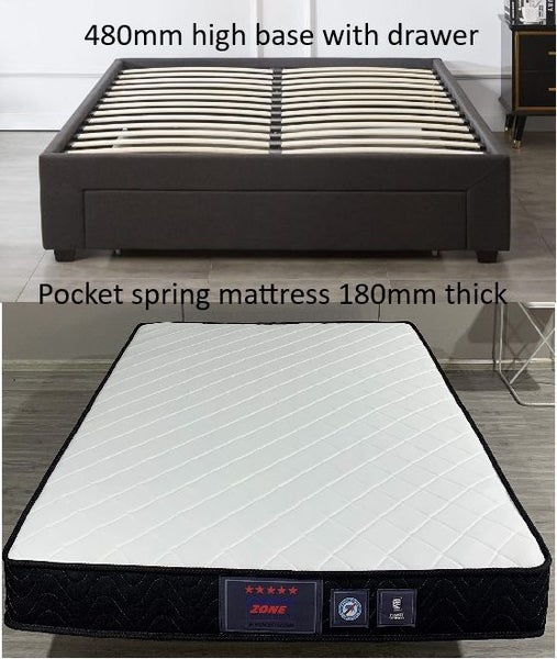 TORI QUEEN BED BASE GREY COLUOR FABRIC WITH POCKET SPRING MATTRESS 180mm thick Carousel 1