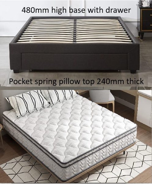 TORI QUEEN BASE WITH BIG DRAWER + POCKET SPRING PILLO TOP MATTRESS 240mm thick Carousel 1