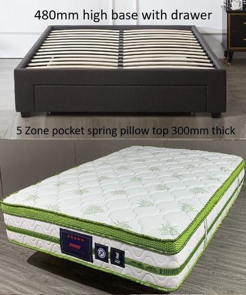 TORI QUEEN WITH BIG DRAWER +5 Zone POCKET SPRING PILLO TOP MATTRESS 300mm thick Carousel 1
