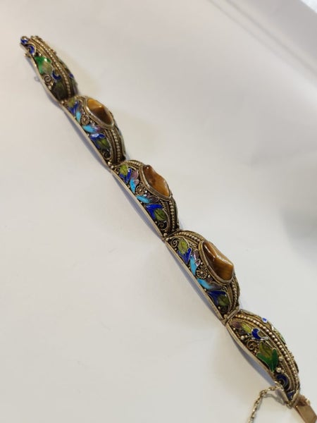 Vintage Chinese filigree enamel silver, tiger eye, bracelet Carousel 1