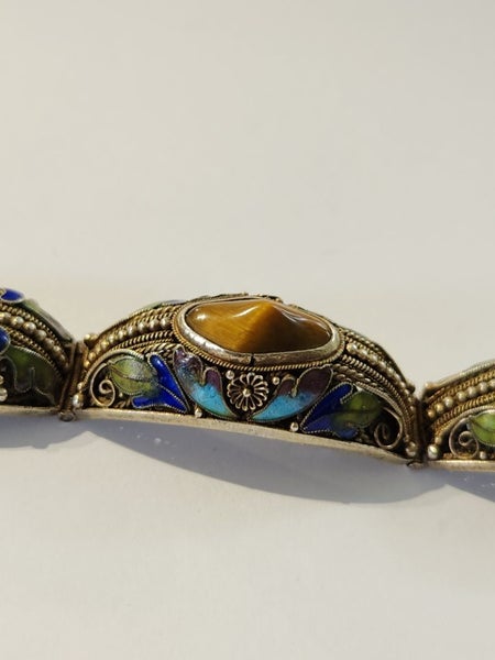 Vintage Chinese filigree enamel silver, tiger eye, bracelet Carousel 2