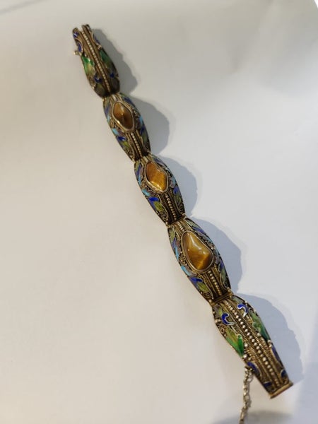 Vintage Chinese filigree enamel silver, tiger eye, bracelet Carousel 9
