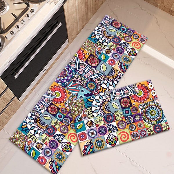 2Pcs Boho Kitchen Rugs - Non-Slip Washable Runners for Sink, Bathroom, Laundry Carousel 1