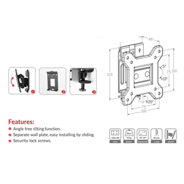 Loctek Eco Mount, 10"-24" Tilt TV & Monitor Wall Mount, - Max Load 15kg - Max Carousel 4