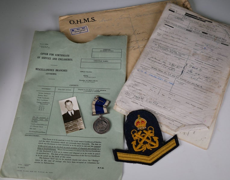 Royal NZ Navy Junior Officer Discharge Papers, Patch, Named Service Medal Etc. Carousel 1
