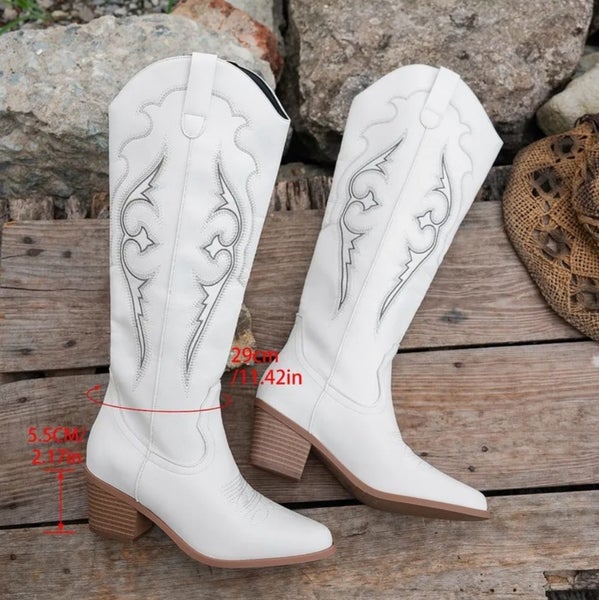 ~ Womens Size 8.5 Knee-High Embroidered Knee-High Western Boots White PU Leather Carousel 2